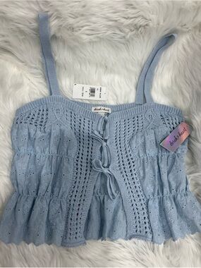 NWT Derek Heart Pale Blue Eyelet Crochet Tie-Front Cami Top